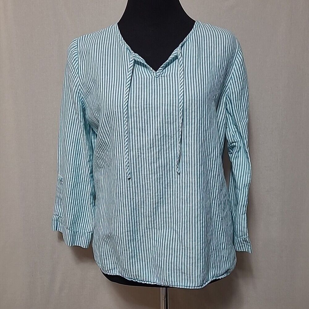 Chicos Linen Blend Tunic Top Womens Size Small Striped Roll V Neck Blue White
